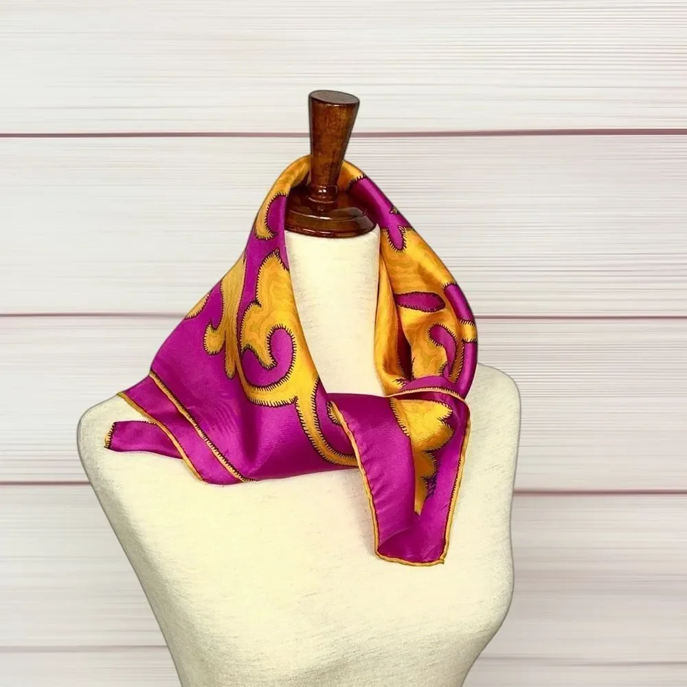 Burmel Twill Silk Scarf Fuchsia Yellow Moroccan-style Pattern Hand Rolled Japan